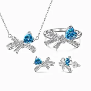 S925 Sterlingsilber Schmuckset Schleife Herz Zirkonia Eingelegt Halskette Ring Ohrstecker Für Damen Elegante Mode Accessoires