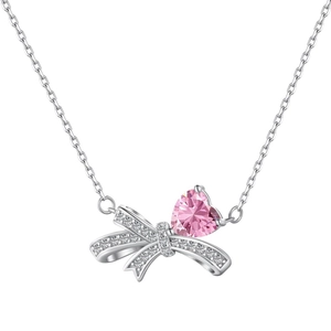 Halskette aus S925 Silber mit rosa Herz-Edelstein und glitzerndem Schleifen-Anhänger