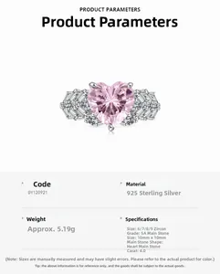Detail showing S925 sterling silver ring parameters and the heart pink zircon specifications