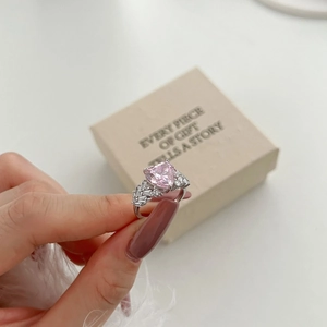 Detailed view of luxury S925 sterling silver ring with large heart-shaped pink stone
