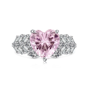 Luxurious S925 sterling silver heart-shaped pink diamond ring with sparkling pavé band
