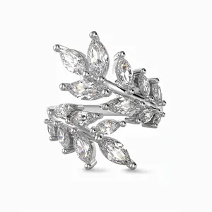 925 Sterling Silver Leaf Adjustable Open Ring For Women Marquise Cut Zirconia Plant Motif Elegant Fashion Jewelry Finger Accessory