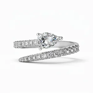 925 Sterling Silver Pear Shape Bypass Ring For Women Zirconia Pave Wrap Around Trendy Fashion Jewelry Wedding Party Gift