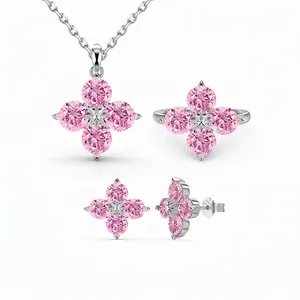 925 Sterling Silver Four Leaf Clover Jewelry Set For Women Zirconia Flower Necklace Earrings Ring Light Luxury Accessory