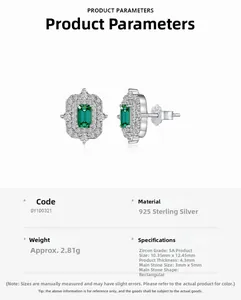 Vue détaillée des boucles d'oreilles en argent S925 avec zircon vert et halo de diamants