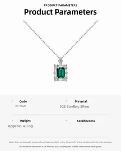 Close-up of S925 sterling silver necklace with emerald-cut green gemstone pendant