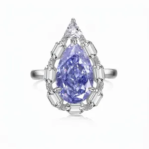 Luxurious 925 Sterling Silver Pear Cut Blue Zirconia Ring Elegant Water Drop Halo Finger Ring For Women Fine Jewelry Gift