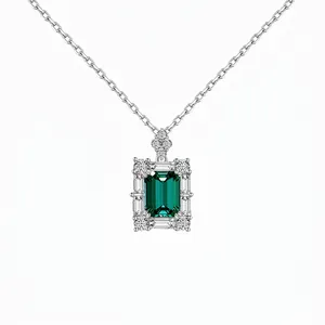 925 Sterling Silver Emerald Green Zirconia Pendant Necklace Elegant Square Gemstone Chain Jewelry For Women Wedding Gift