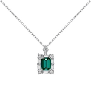 Elegant S925 sterling silver necklace with emerald-cut green zircon pendant for women