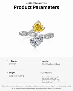 Detail specifications of S925 silver ring featuring heart and pear-shaped yellow zircon