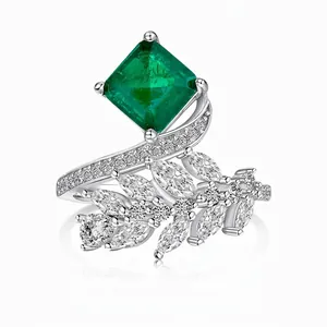 925 Sterling Silver Square Synthetic Emerald Ring For Women Vintage Leaf Vine Design Zirconia Inlaid Elegant Finger Ring Jewelry