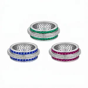 925 Sterling Silver Colorful Zirconia Inlay Band Ring Wheel Of Fate Design Square Stone Wedding Finger Jewelry For Women