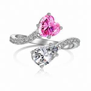 S925 Sterling Silver Ring For Women Heart Pink Yellow Zirconia Water Drop Design Open Bypass Jewelry Elegant Finger Ring Gift