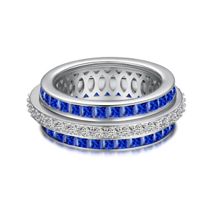 Three-layer S925 silver ring featuring blue square zircons and white round crystals
