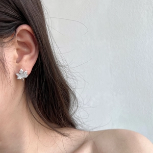 Exquisite S925 sterling silver maple leaf stud earrings with sparkling cubic zirconia pavé