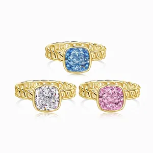 French S925 Sterling Silver Ring For Women Cushion Cut Zirconia Inlaid Chain Design Gold Plated Wedding Band Jewelry