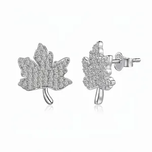 Exquisite 925 Sterling Silver Maple Leaf Stud Earrings For Women Rhinestone Inlaid Fashion Plant Design Jewelry Gift