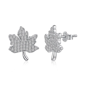 Elegant S925 sterling silver maple leaf stud earrings with sparkling pavé zircons