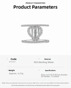 Detailed product specifications for S925 sterling silver hollow double heart zircon ring