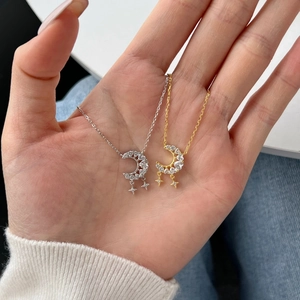 S925 sterling silver moon and star necklaces in gold and silver finish with zircon stones