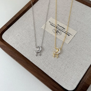 S925 sterling silver crescent moon and star tassel necklace with zircon in gold and silver