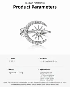 Detail view of 925 sterling silver sun and moon ring with 5A zircon and 18K plating