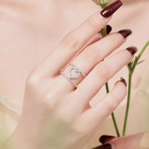 Elegant multi-layer S925 sterling silver ring with hollow heart and sparkling zircon gems