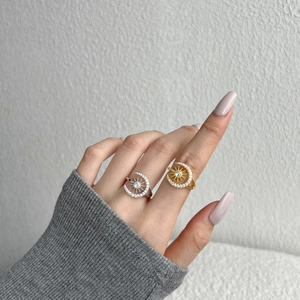 S925 sterling silver open rings featuring sun and moon design with cubic zirconia stones
