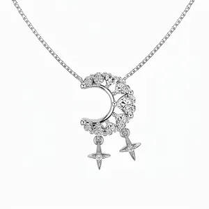 925 Sterling Silver Moon Star Pendant Necklace For Women Heart Zirconia Inlaid Snake Bone Chain Korean Style Jewelry Gift