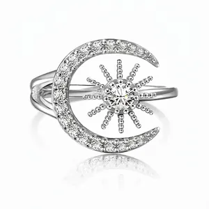 925 Sterling Silver Sun Moon Open Ring For Women Elegant Zirconia Inlaid Adjustable Finger Ring Fashion Jewelry Birthday Gift
