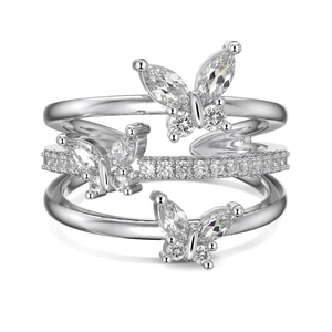 Elegante anello a tre strati in argento 925 con farfalle e zirconi scintillanti
