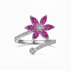 Bague Ouverte en Argent Sterling S925 Forme de Fleur pour Femme Marquise Zirconia Pave Tournesol Réglable Bijoux Cadeau