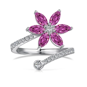 Bague ouverte tournesol en argent S925 avec pétales en zircon rose et pavé chic