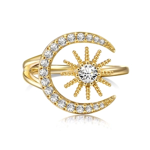 S925 sterling silver sun and moon open ring with sparkling zircon and gold finish