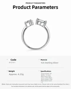 Détails de la bague en argent S925 avec zircon 5A et pierre taille poire de 1,0ct