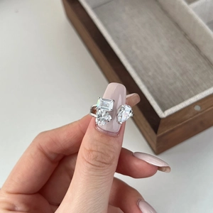 Bague ouverte en argent S925 avec zircons en forme de cœur, poire et émeraude