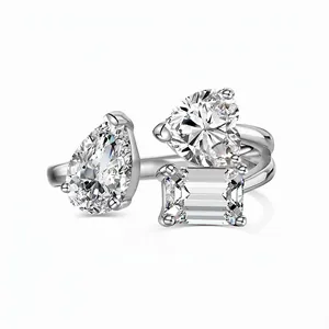 Bague Ouverte en Argent Sterling S925 pour Femme Cœur Géométrique Zirconia Incrusté Réglable Bijoux de Mode Or Blanc