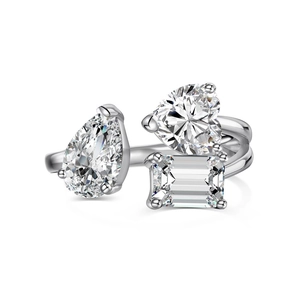 Bague ouverte en argent S925 avec zircons en forme de poire, de cœur et d'émeraude