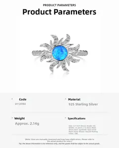 Detailed specs of S925 silver sun opal ring with 5A zircons and 18K gold plating