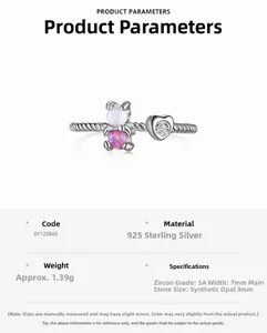 Bague ours en argent S925 avec opales, zircon cœur et anneau torsadé détail