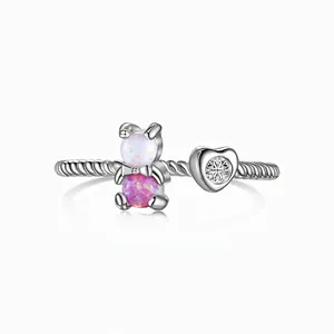 Bague Ouverte en Argent Sterling S925 Ours en Opale Rose et Cœur en Zirconia Bague Ajustable Bijoux Fantaisie Femme
