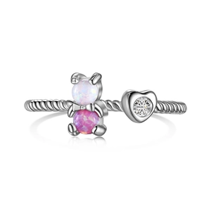 Bague ouverte en argent S925 avec ours et cœur en opale et design torsadé