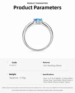 Spécifications détaillées pour bague opale bleue coeur en argent 925 de tailles 6 à 9