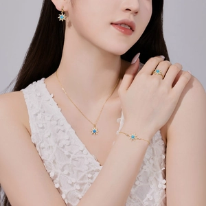 Detailed view of sunburst gold jewelry set with opal stone on a model wearing lace
