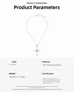 Detail of S925 sterling silver cross pendant with pear-shaped pink opal and blue zircon