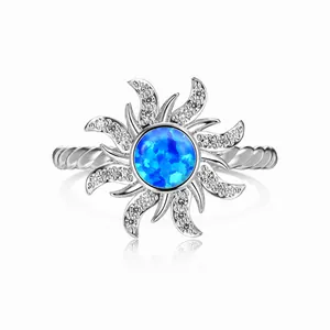 S925 Sterling Silver Sun Starburst Ring For Women With Round Blue White Opal And Zirconia Twisted Band Fashion Jewelry