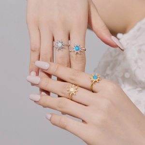 S925 sterling silver sunburst opal ring with zircon accents in gold and silver finish