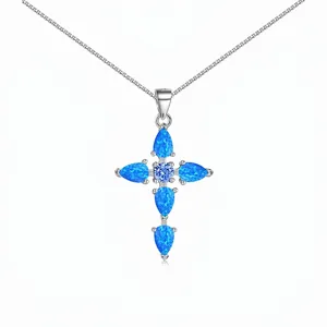 S925 Sterling Silver Cross Necklace For Women Blue White Synthetic Opal Pendant Cubic Zirconia Clavicle Chain Religious Jewelry Gift