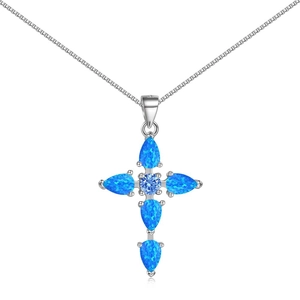 S925 sterling silver cross necklace with blue opal pear-shaped stones and fine chain