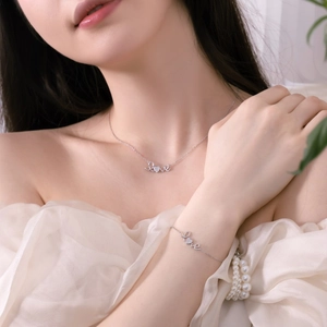 Elegant S925 sterling silver jewelry set with Love pendant and zircon heart on a female model
